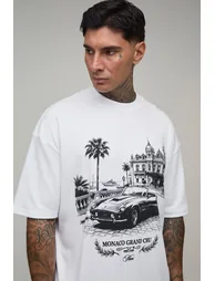 Tall White Oversized Interlock Monaco Car Print T-Shirt - white - 2