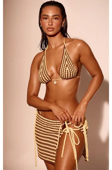 Yellow Striped Crochet Knit Beach Sarong