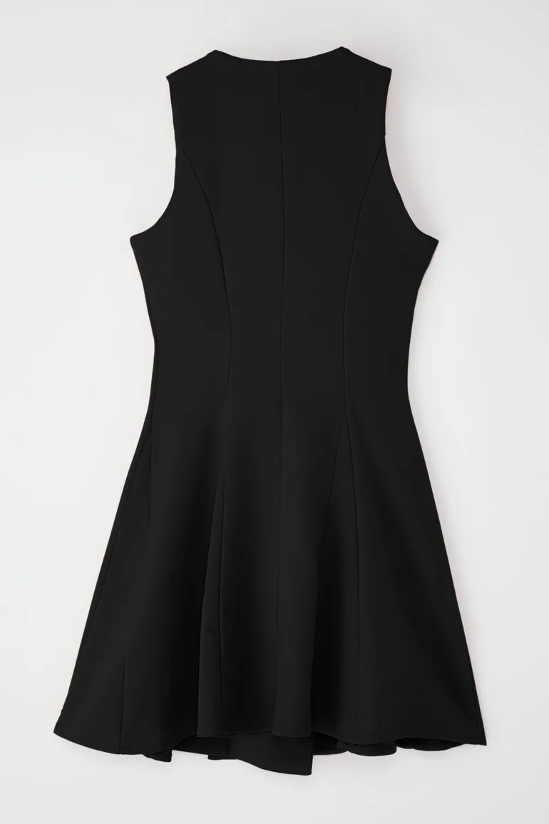 Black Plain Mini Woven Dress - 8