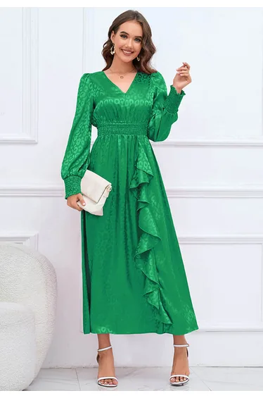 Glossy Leopard Jacquard Ruffle Maxi Dress in Green