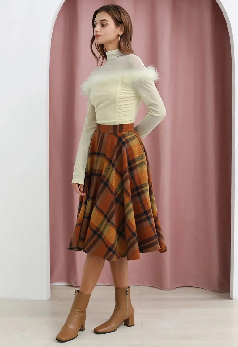 Perfect in Plaid A-Line Wool-Blend Midi Skirt in Pumpkin - 1