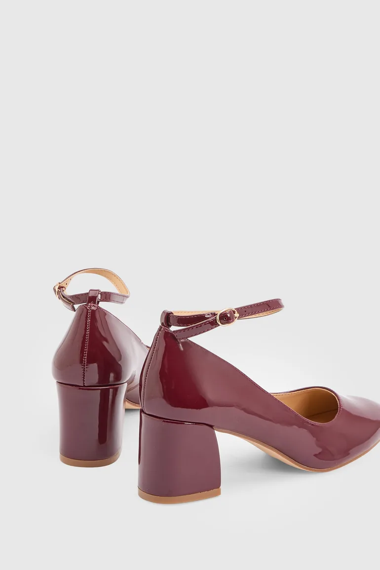 Venisha Faux Patent Leather Ankle Strap Medium Heel Court Shoes - 1