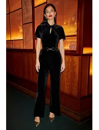Yumi Black Velvet Jumpsuit With Twist Neckline And Buckle Belt - 6