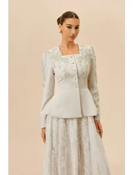 Special Invitation Beige Pearl Embellished Jacket & Lace Dress Set - 2