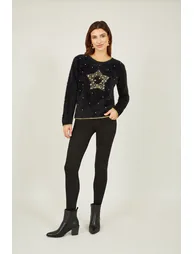 Yumi Black Fluffy Star Christmas Jumper