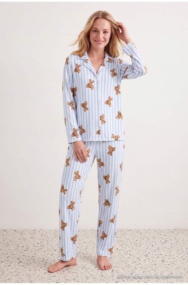 Blue Line and Teddy Bear Patterned Soft Buttoned Knitted Pajama Set