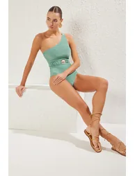 Green One Shoulder Shell Premium Accessory Glittery Swimsuit - 4