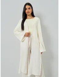 Off White Open Front Kimono and Solid Pants Co-Ords - 1