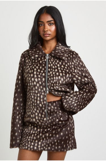 Pony Hair Deer Print Faux Fur Mini Skirt - brown product thumbnail 2