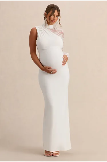 Hartley | White High-Neck Maternity Maxi Dress With Lace Detailing