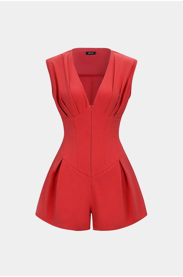 V-Neck Ruched Tie Back Zipper Sleeveless Romper