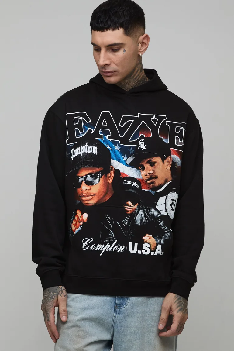 Tall Oversized Eazy-E License Printed Hoodie - black