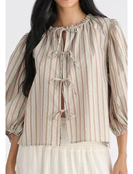 Tie Front Puff Sleeves Blouse - 1