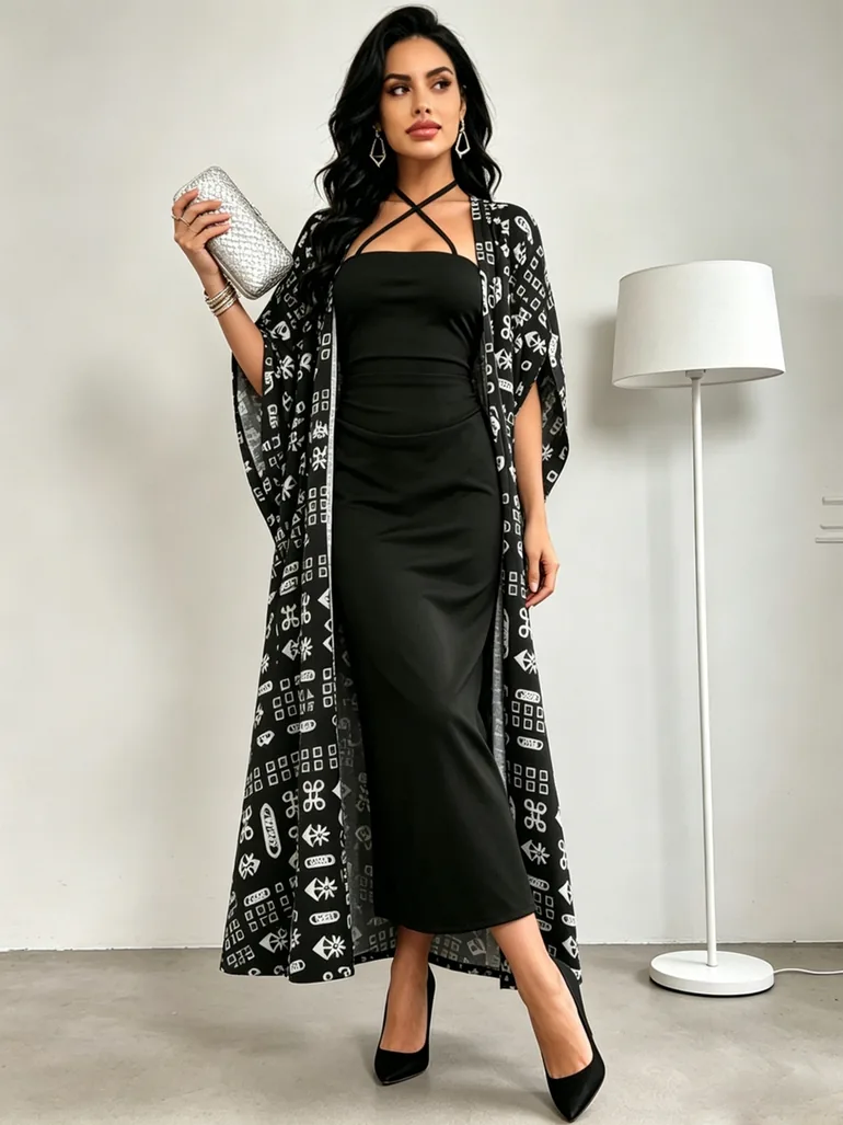 Black Halter Neck Maxi Dress and Printed Kimono Co-ord Set