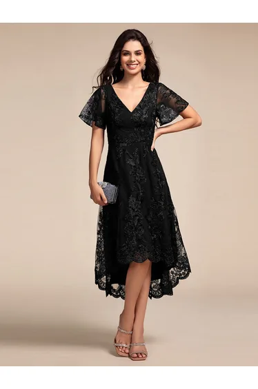 ever TIDAL|Embroidered Mesh Double V-Neck Short Sleeves Midi Wedding Guest Dress