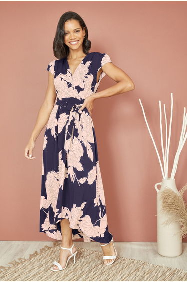 Mela Navy Blossom Print Wrap Midi With Dipped Hem product thumbnail 4