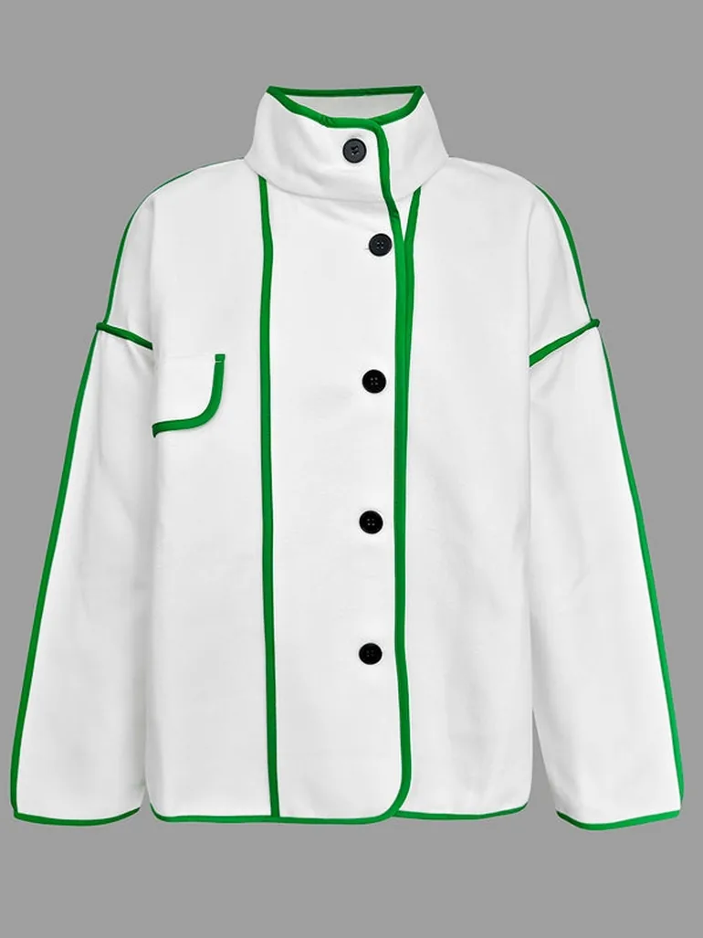 Long Sleeves Loose Buttoned Contrast Color Pockets Split-Joint Stand Collar Woolen Coat - 2