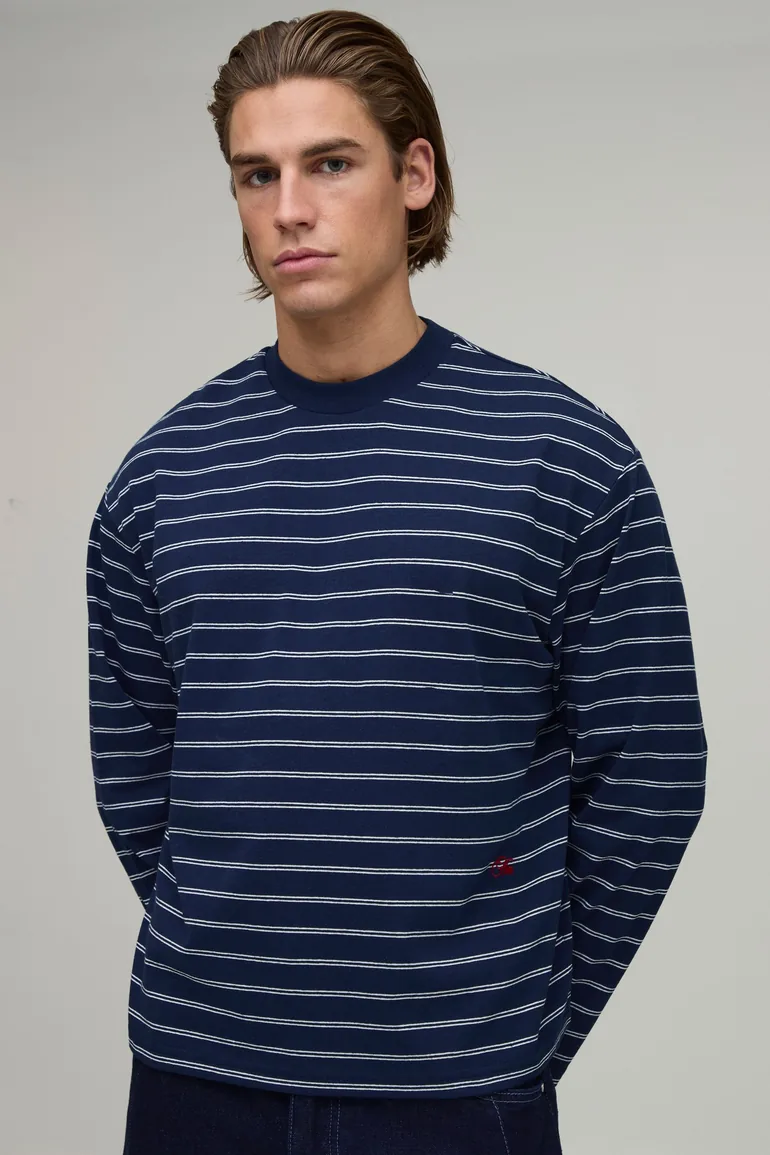 Oversized Boxy Stripe Long Sleeve T-Shirt - navy