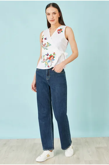 Yumi White Stretch Cotton Embroidered Wrap Top