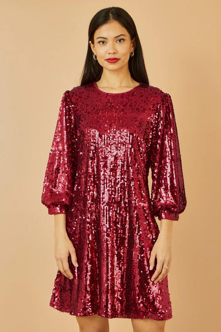 Yumi Burgundy Sequin Tunic Dress With Balloon Sleeves