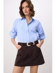 Brown Stitched Detailed Denim Shorts Skirt - 4