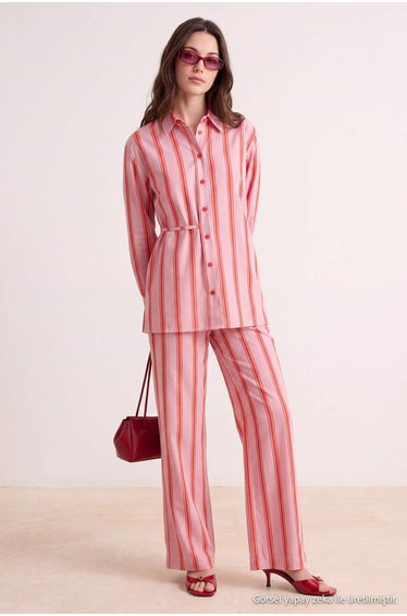 Pink Red Poplin Striped Shirt Pants Bottom - Top Set