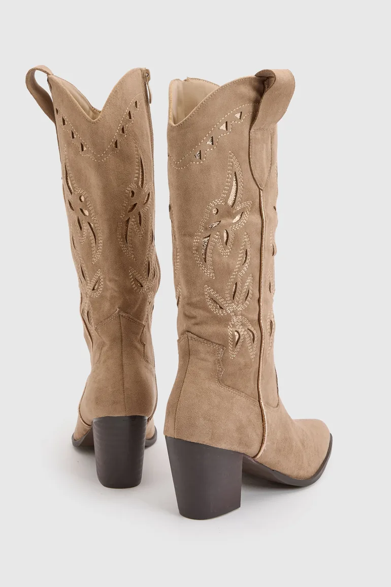 Faux Suede Cut Out Detail Embroidered Western Cowboy Boots - taupe - 3