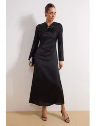 Black A-Line Satin Plain Weave Hijab Evening Dress