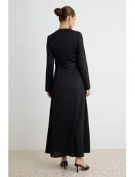 Black A-Line Satin Plain Weave Hijab Evening Dress - 7