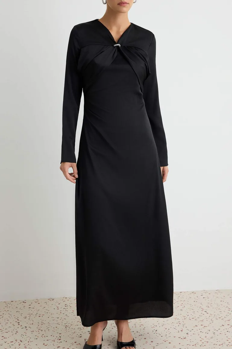 Black A-Line Satin Plain Weave Hijab Evening Dress - 6