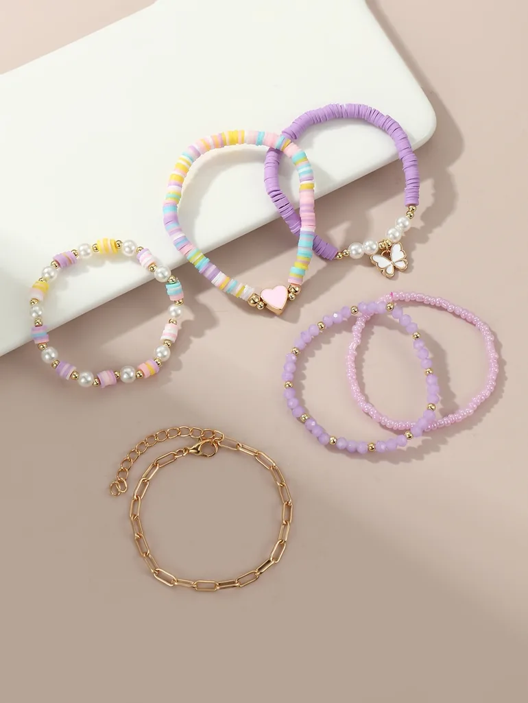 Pack of 6 - Girls Multi-Color Pastel Butterfly and Heart Charm Bracelet - 1