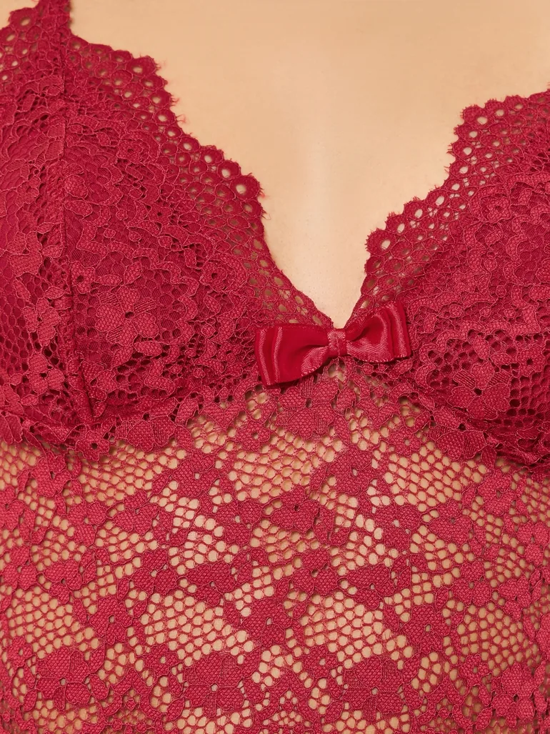 Burgundy Lace Trim Robe and Slip Dress Set - 2