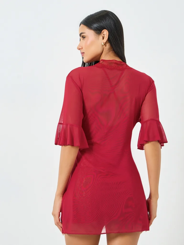 Burgundy Lace Trim Robe and Slip Dress Set - 5