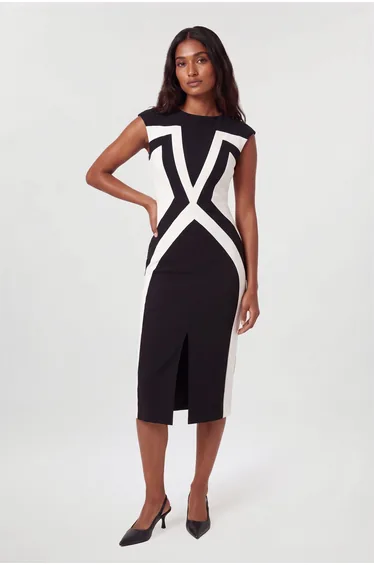 Compact Stretch Colour Block Tailored Pencil Dress