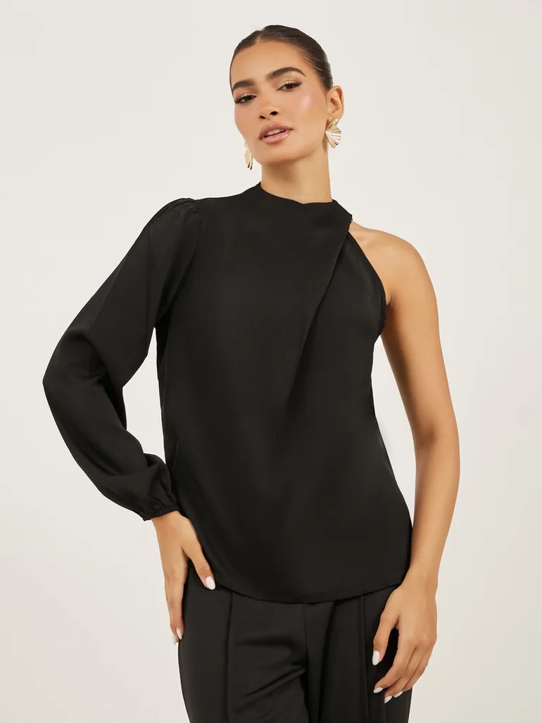 Solid High Neck Balloon Sleeve Blouse - 2