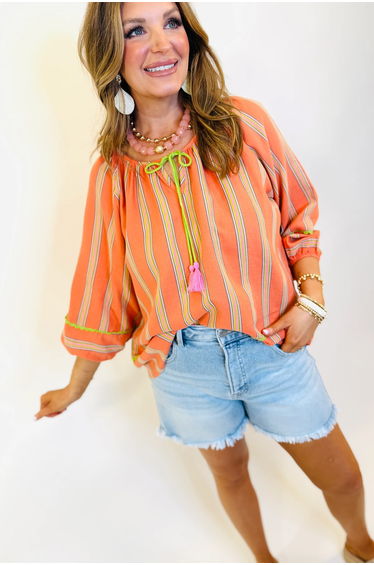 Lvness Orange Stripe Tassel Tie Neck Bracelet Sleeve Cotton Blouse product thumbnail 4