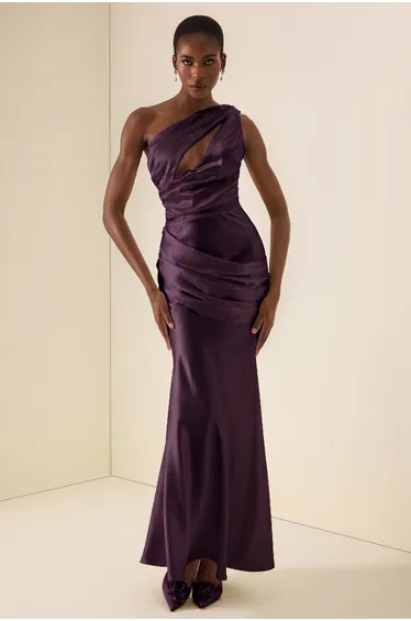 One Shoulder Cut-Out Pleated Maxi Dress