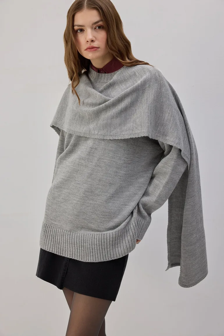 ATTACHED SCARF KNIT SWEATER - 7