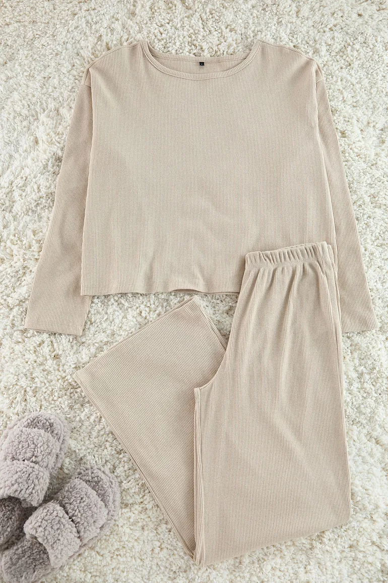 Beige Corded Cotton Tshirt-Pants Knitted Pajama Set