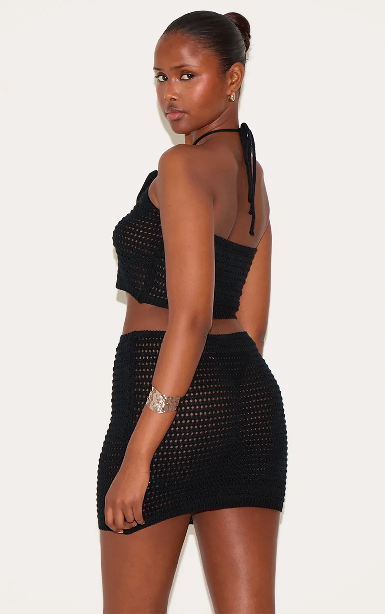 Black Tie Neck Flower Applique Top - 2