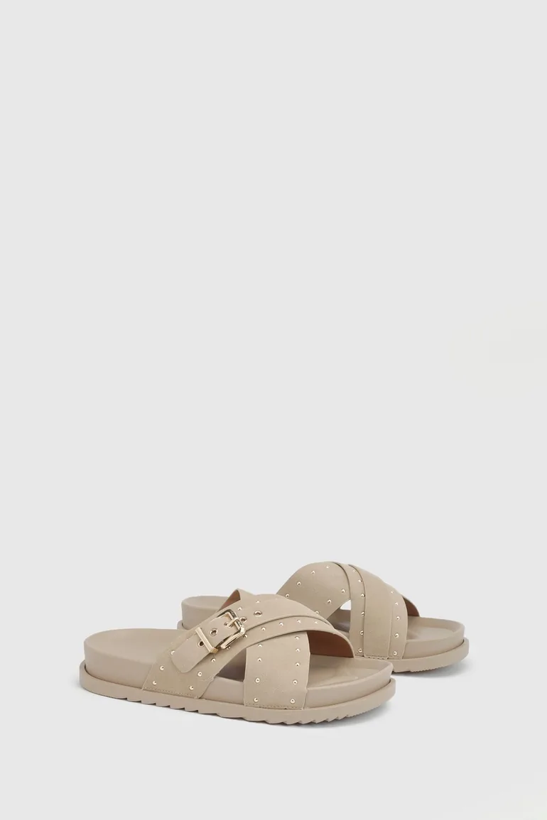Faux Suede Stud Detail Cross Over Footbed Sliders - beige