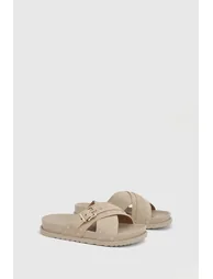 Faux Suede Stud Detail Cross Over Footbed Sliders - beige