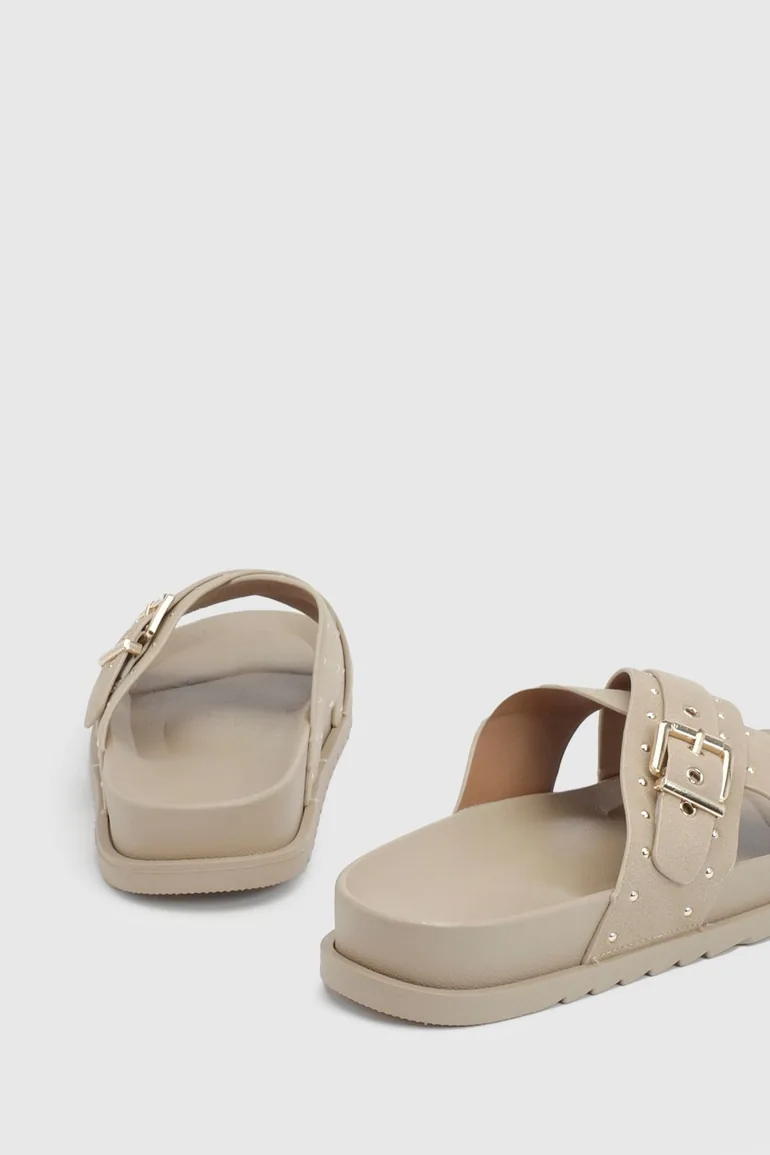 Faux Suede Stud Detail Cross Over Footbed Sliders - beige - 1