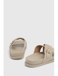 Faux Suede Stud Detail Cross Over Footbed Sliders - beige - 1