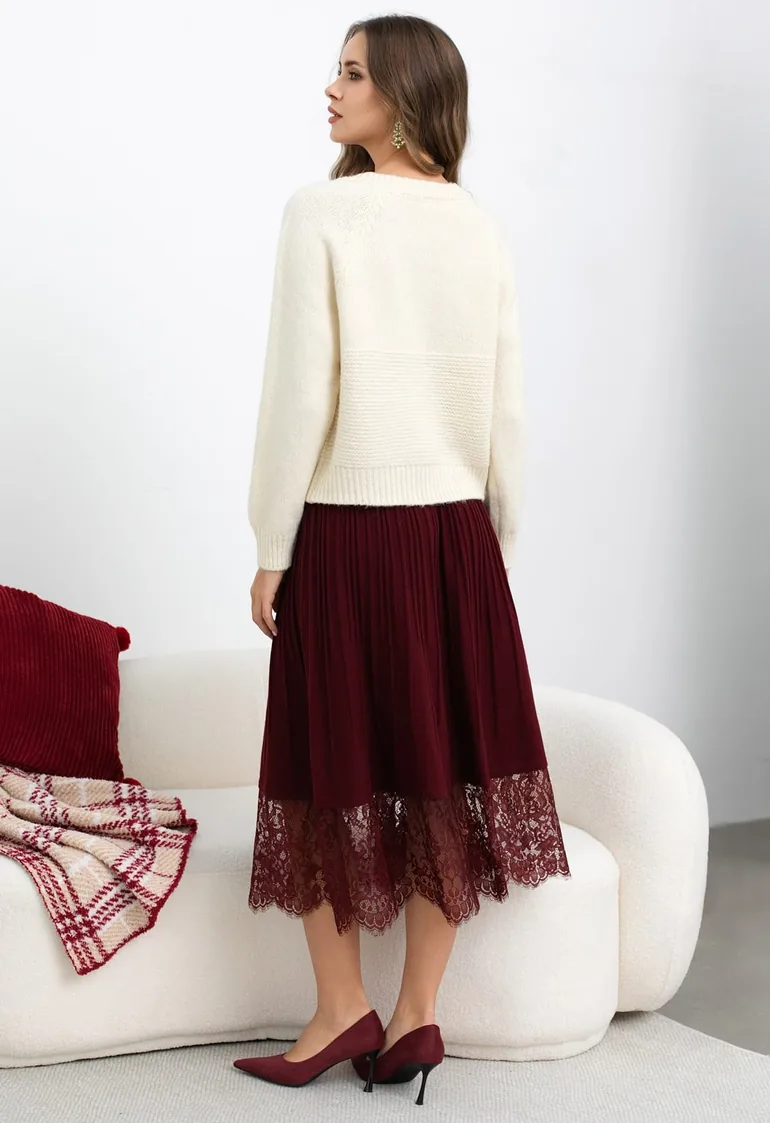 Lace Spliced Ribbed Texture Knit Midi Skirt in Red - 1