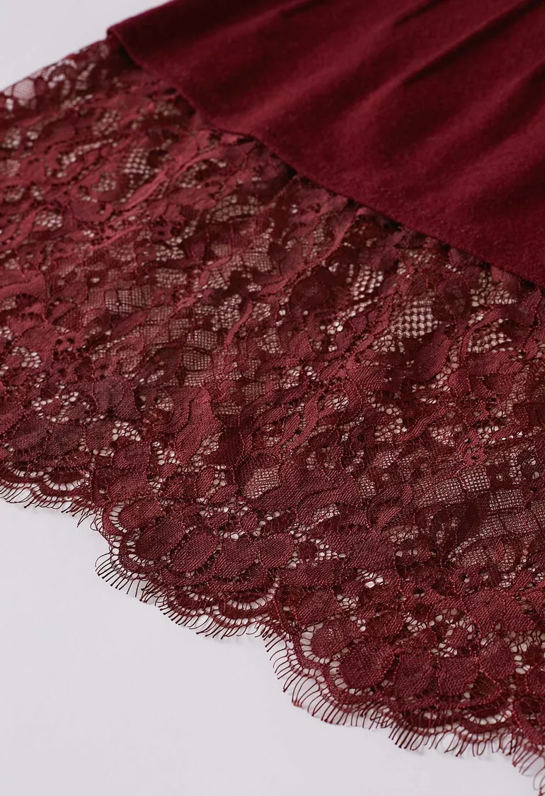 Lace Spliced Ribbed Texture Knit Midi Skirt in Red - 5