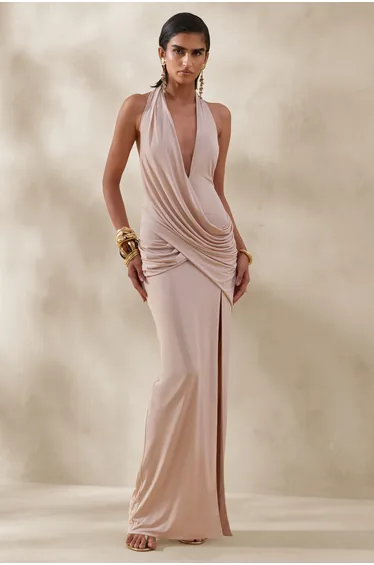 Junia | Champagne Plunge-Neck Wrap Maxi Dress
