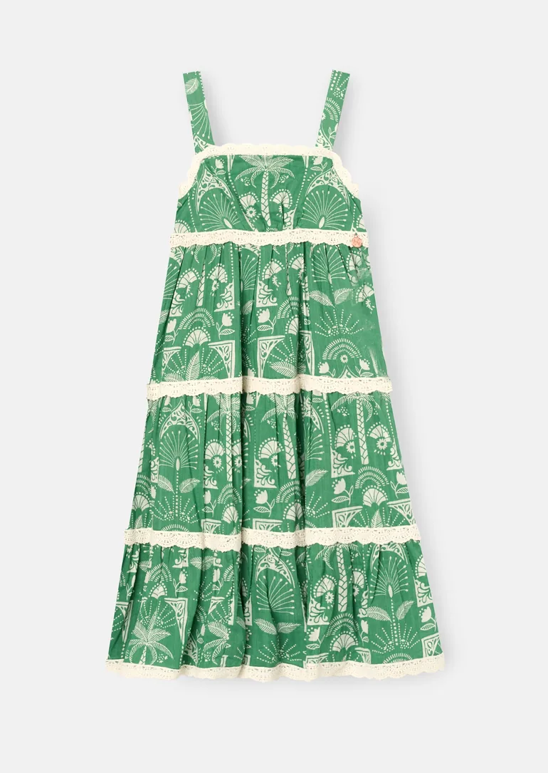 Kinsley Palm Print Lace Trim Tiered Dress - 4