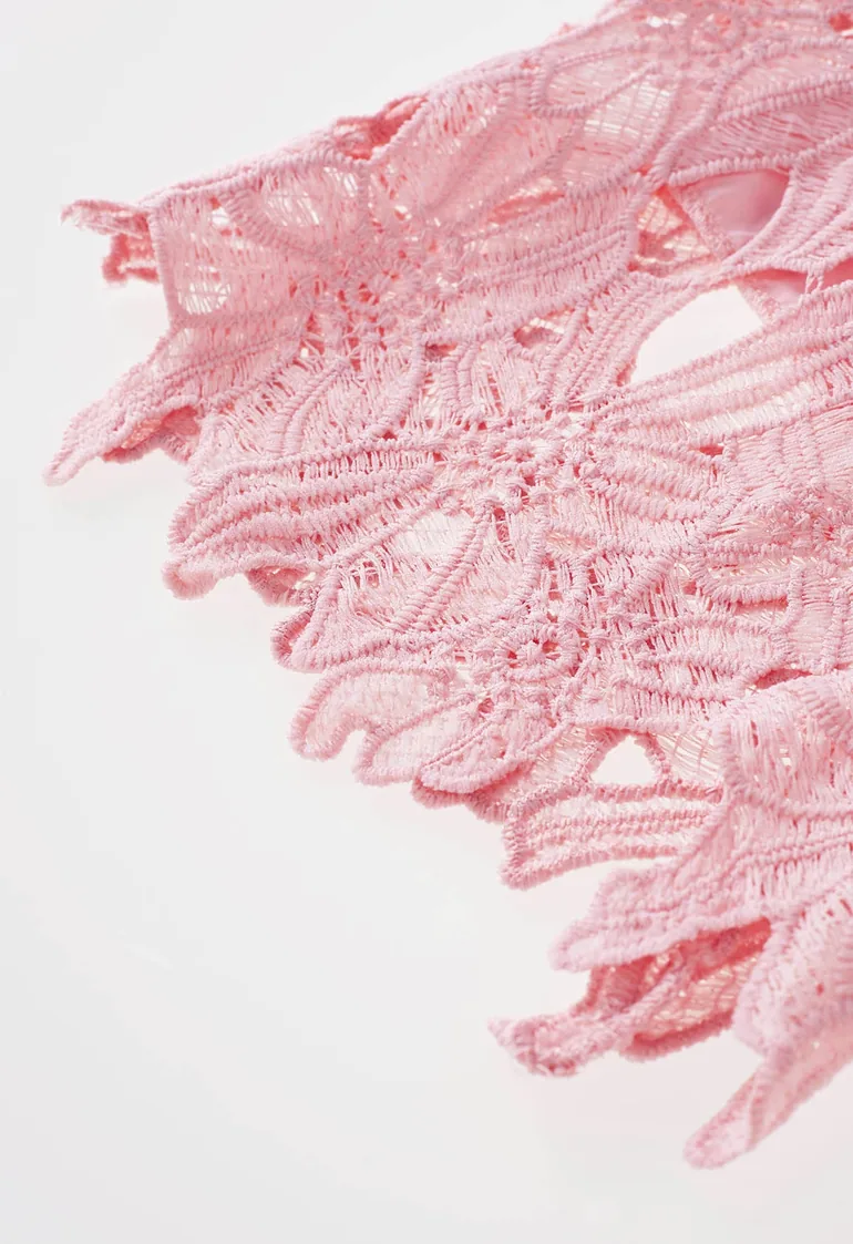 Guipure Lace Collar Crop Top and Pants Set in Pink for Tropical Vacations & Beach Getaways - 14