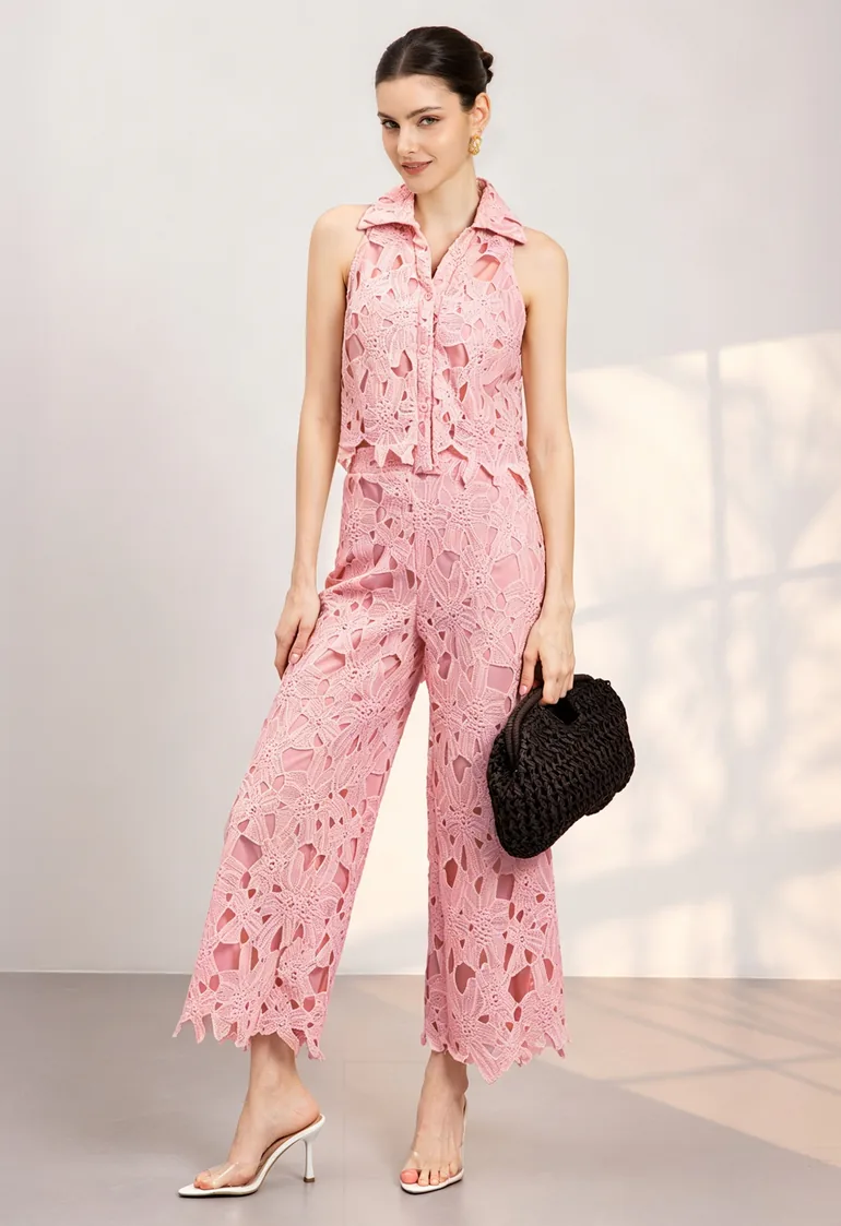 Guipure Lace Collar Crop Top and Pants Set in Pink for Tropical Vacations & Beach Getaways